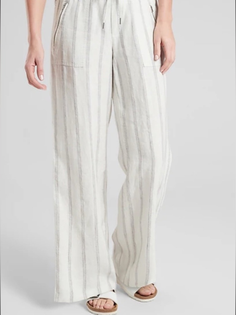Athleta Cabo Tide Linen Wide Leg Pant Lightweight White Blue Stripe Women’s 8